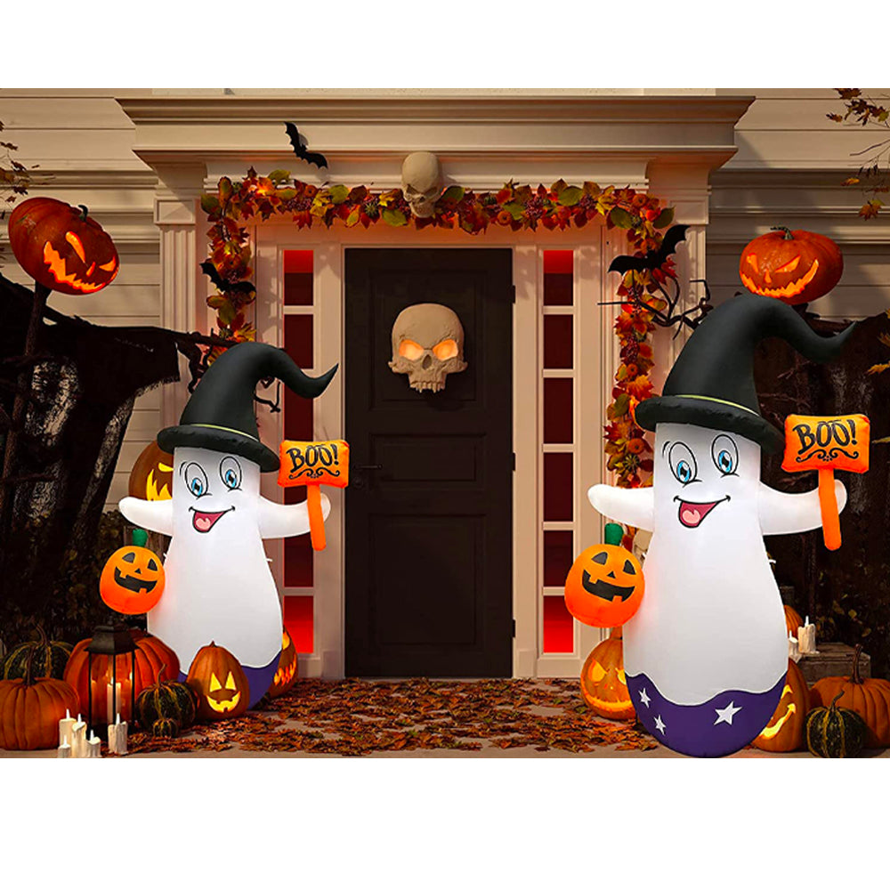 5ft Halloween Inflatables LED Lighted White Ghost with Pumpkin Lantern & Hammer
