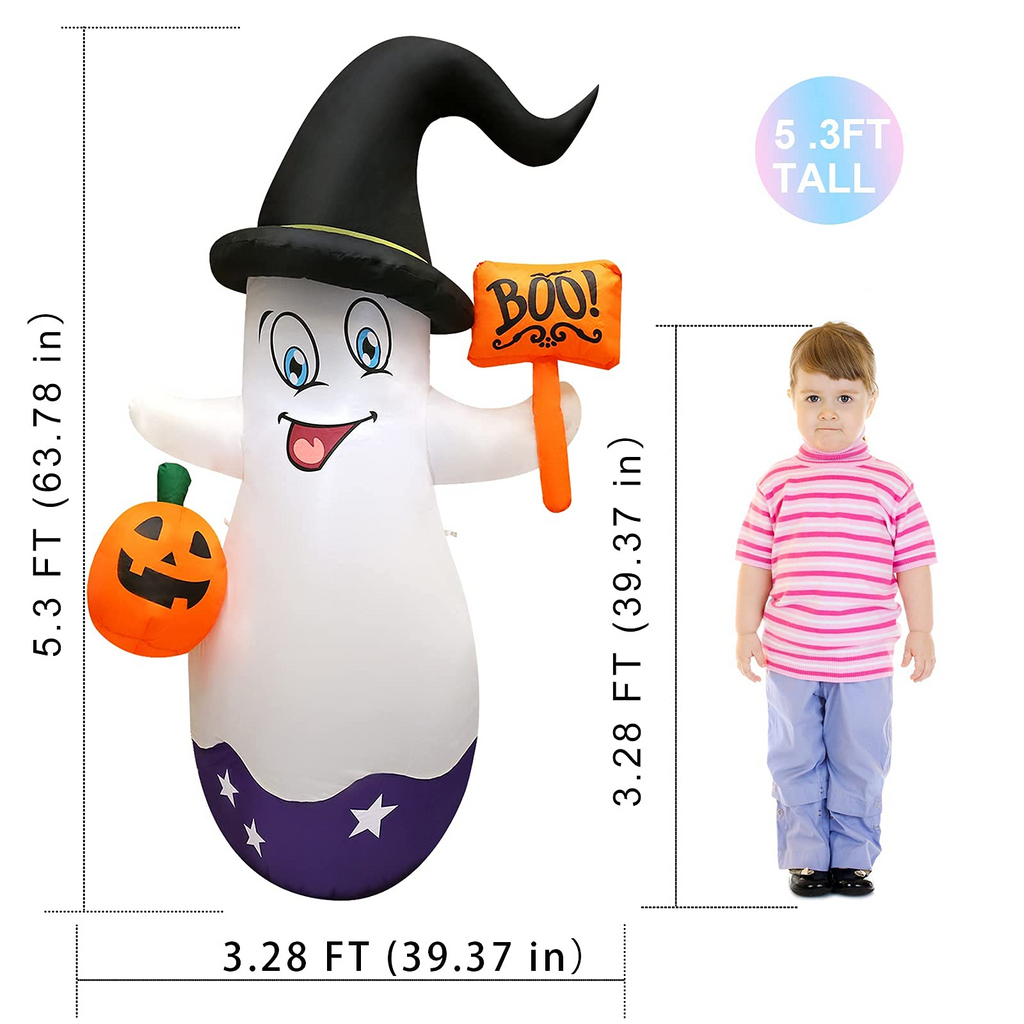 5ft Halloween Inflatables LED Lighted White Ghost with Pumpkin Lantern & Hammer