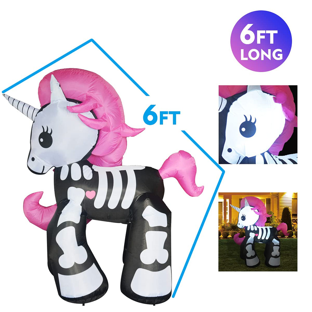 6FT Height Halloween Inflatables Outdoor Skeleton Unicorn, Blow Up Yard Decoration Clearance with LED Lights Built-in for Holiday