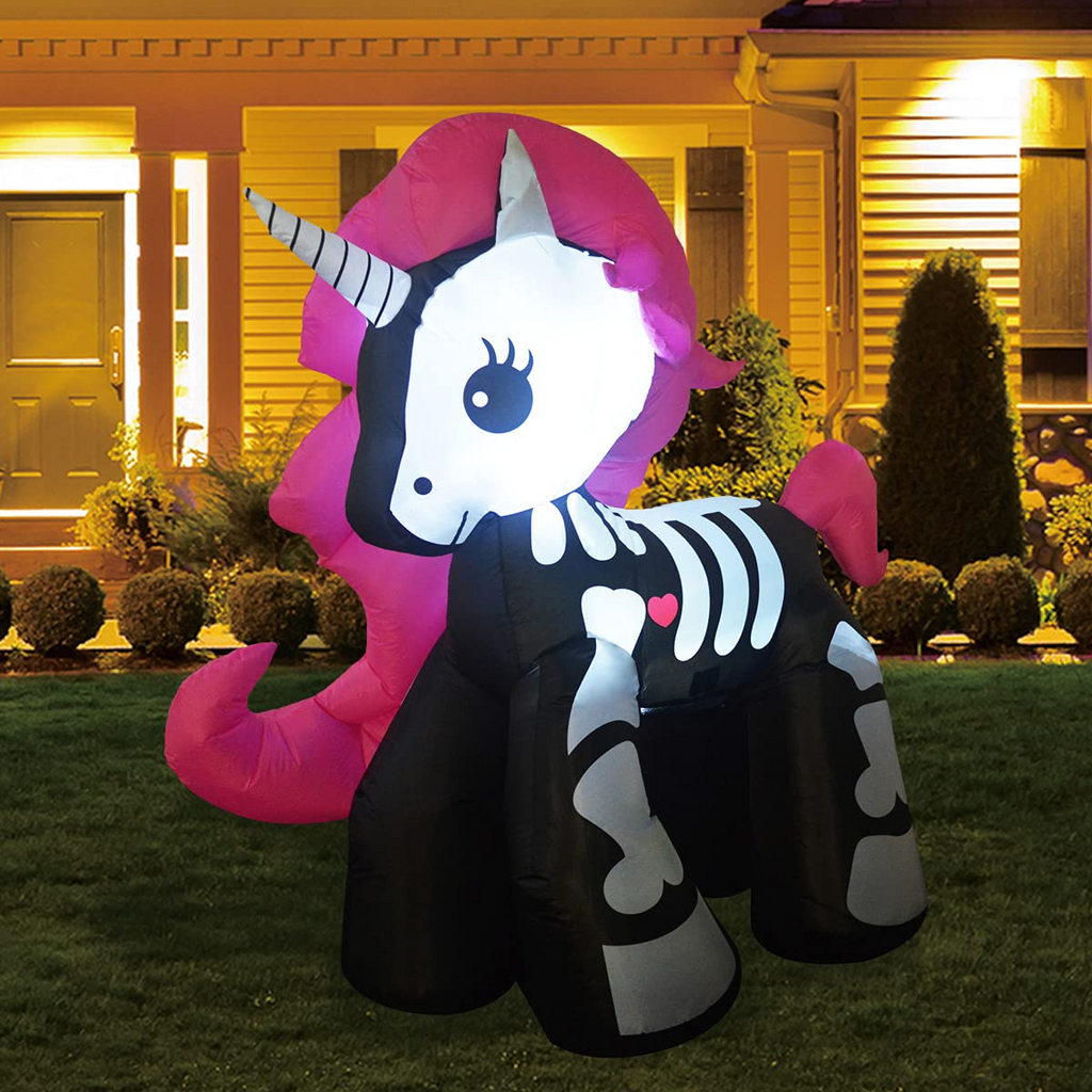 6FT Height Halloween Inflatables Outdoor Skeleton Unicorn, Blow Up Yard Decoration Clearance with LED Lights Built-in for Holiday