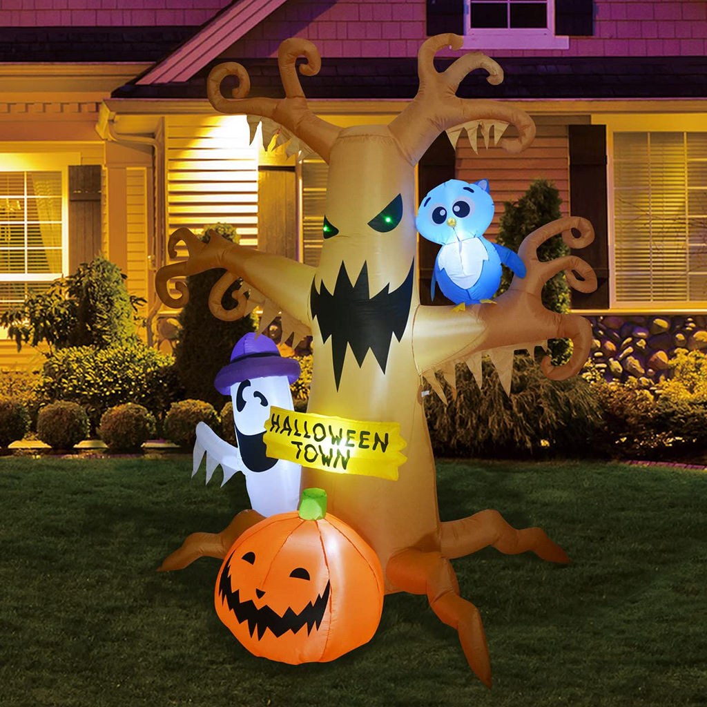 8 FT Halloween Inflatables Outdoor Dead Tree with White Ghost, Pumpkin and Owl, Blow Up Yard Decoration Clearance with LED Lights Built-in for Holiday
