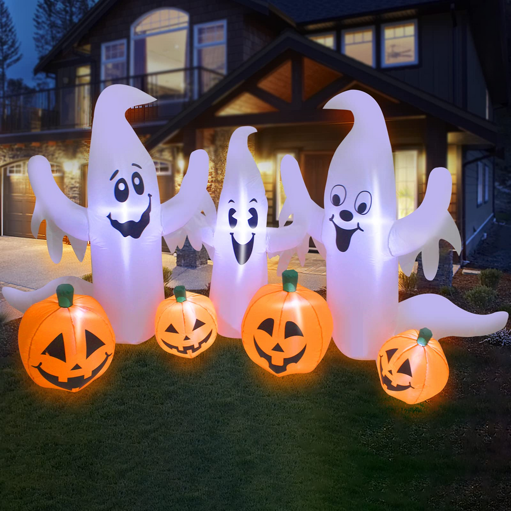 8FT Long Halloween Inflatable Pumpkin & Ghost,Blow Up Inflatables with LED Lights